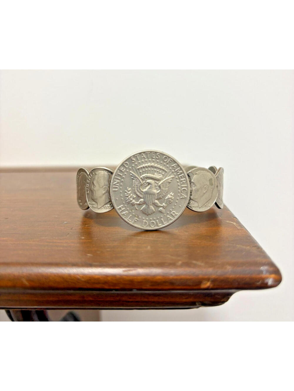 Vintage JFK Kennedy Half Dollar & Roosevelt Dime Coin Cuff Bracelet